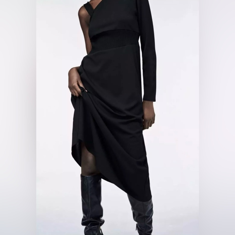 Zara Black Asymmetric Midi Dress Long Sleeve Sleeveless Size S - Picture 3 of 6